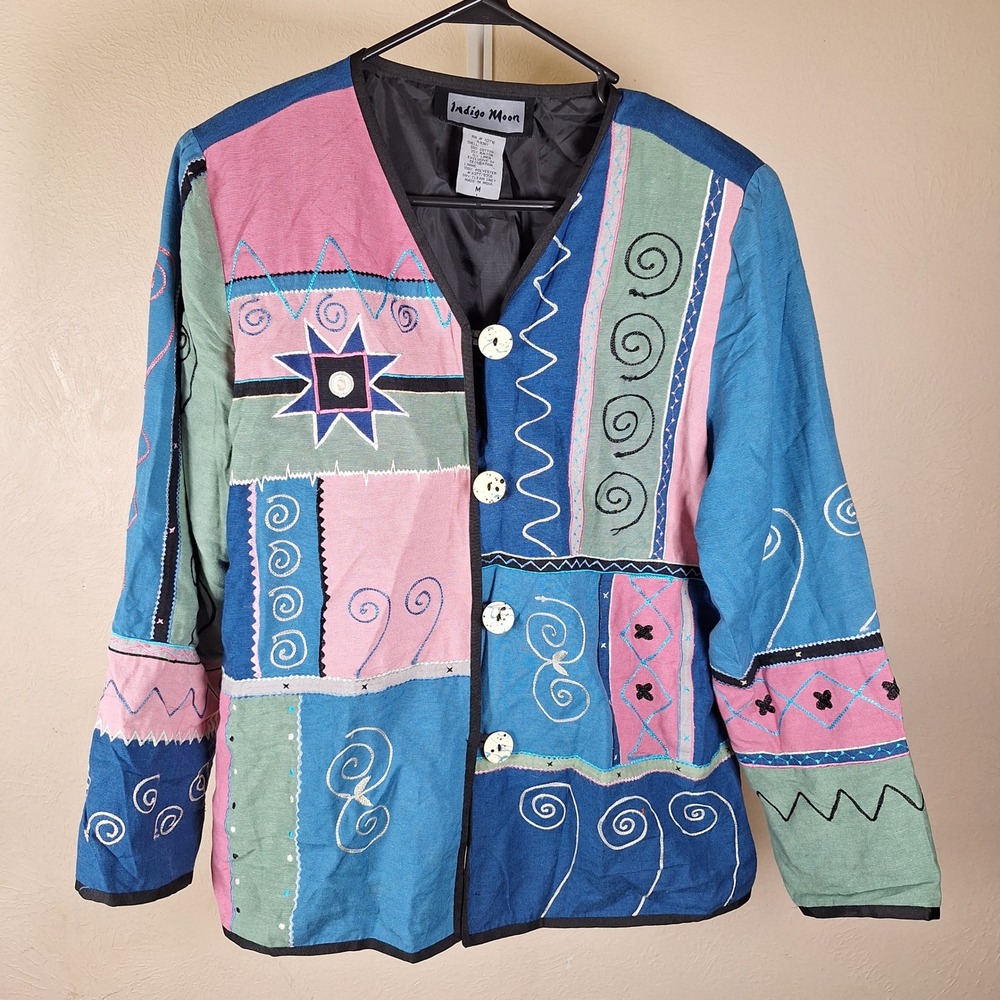 Indigo Moon Vtg Patchwork Indie Art To Wear Folk Embroidered Lined Jacket Medium